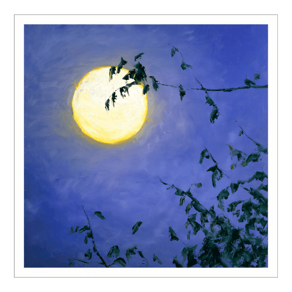 Museum quality giclée of an oIl painting of a bright yellow and white full moon behind leaves and branches set in a violet evening sky.