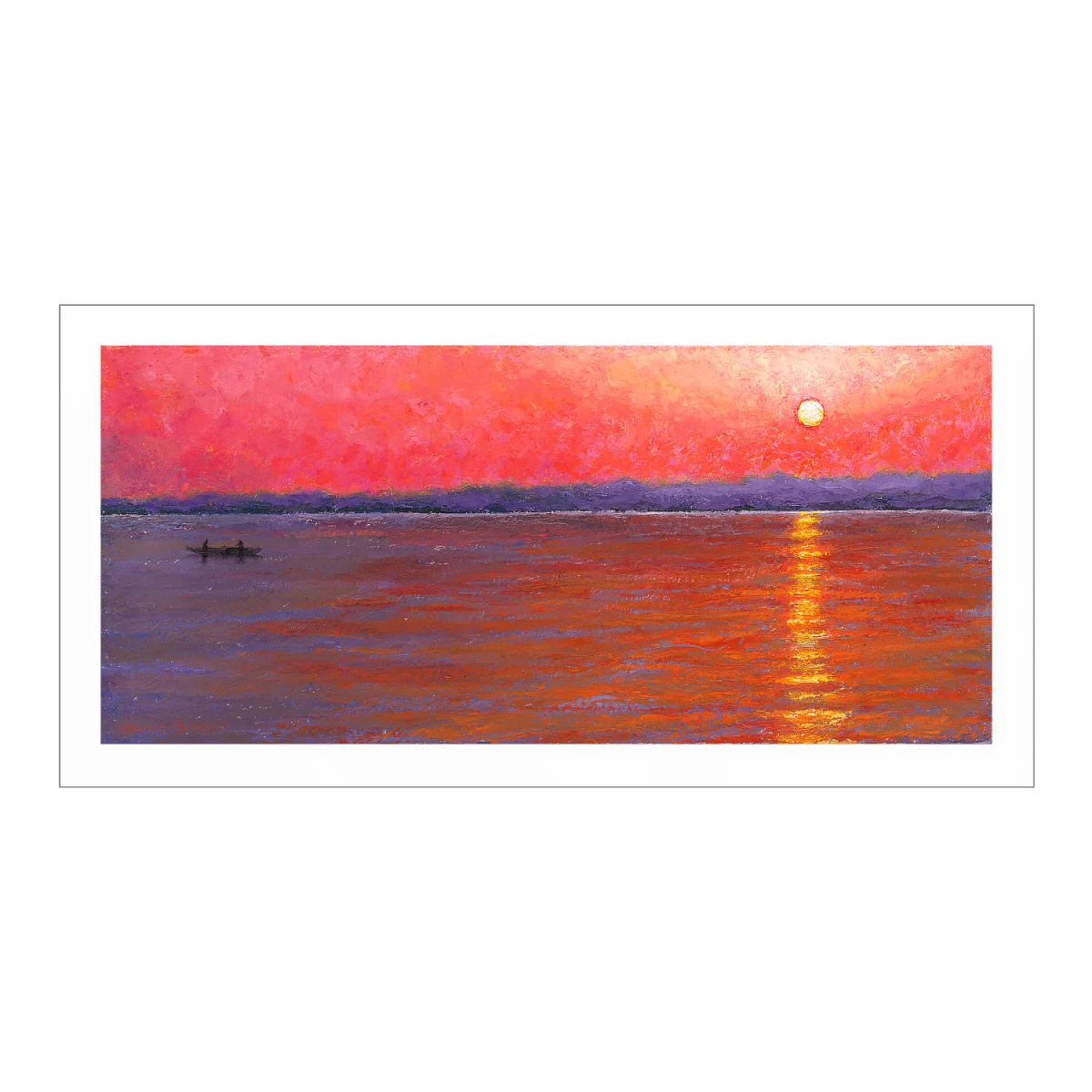 An oil painting of Ganges River as seen from the one of the oldest continuosly inhabited cities in the world: Varanasi in Uttar Pradesh, India.