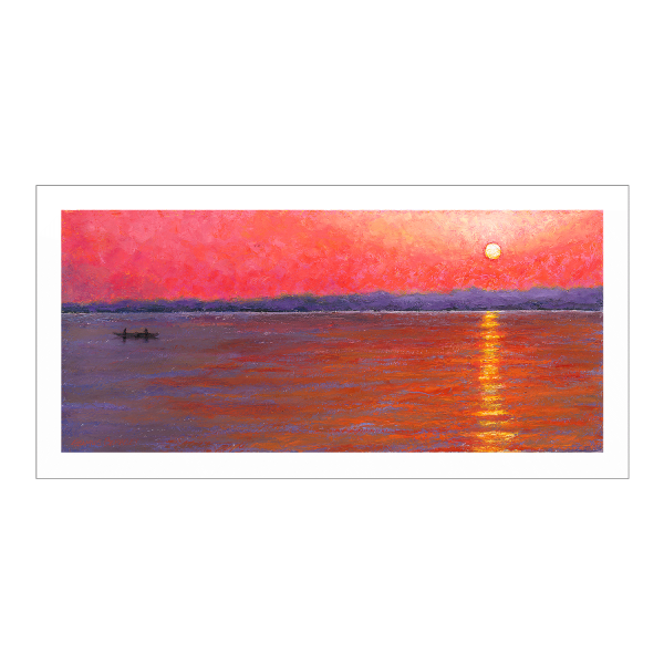 An oil painting of Ganges River as seen from the one of the oldest continuosly inhabited cities in the world: Varanasi in Uttar Pradesh, India.