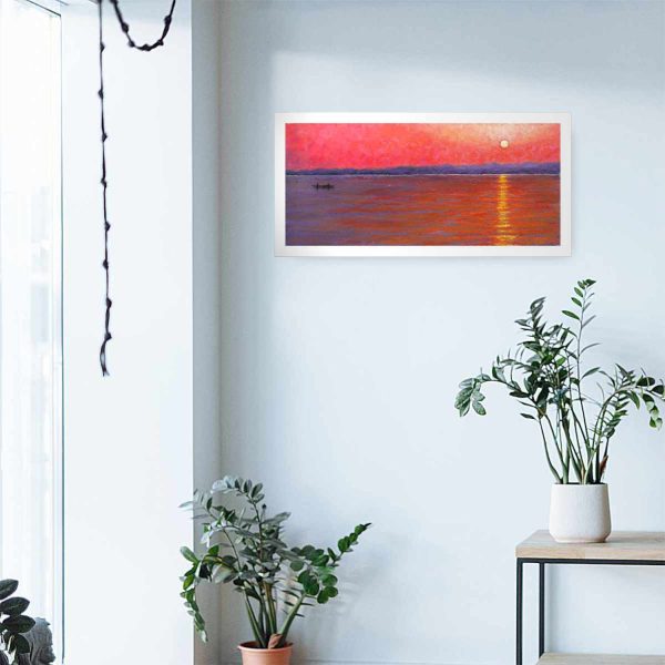 An oil painting of Ganges River as seen from the one of the oldest continuosly inhabited cities in the world: Varanasi in Uttar Pradesh, India as displayed on an interior wall.