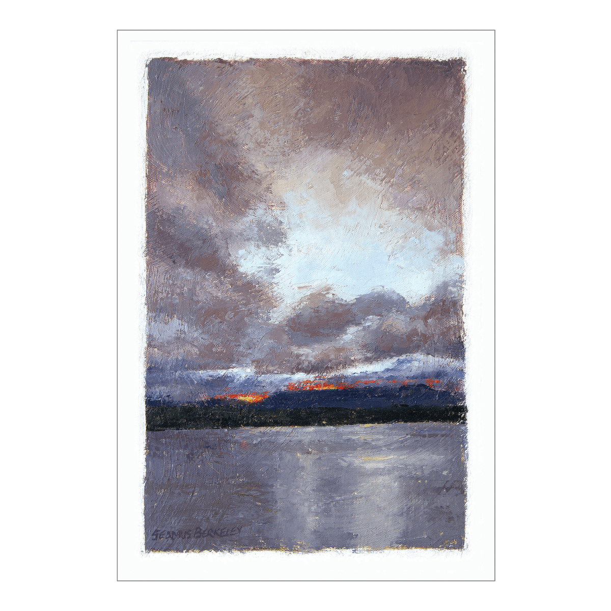 Giclée of an oil painting of last yellow, orange and red light rays of the sun peaking through a storm cloud-filled sky above distant mesas overlooking Lake Abiquiu, New Mexico.