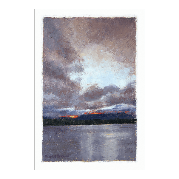 Giclée of an oil painting of last yellow, orange and red light rays of the sun peaking through a storm cloud-filled sky above distant mesas overlooking Lake Abiquiu, New Mexico.