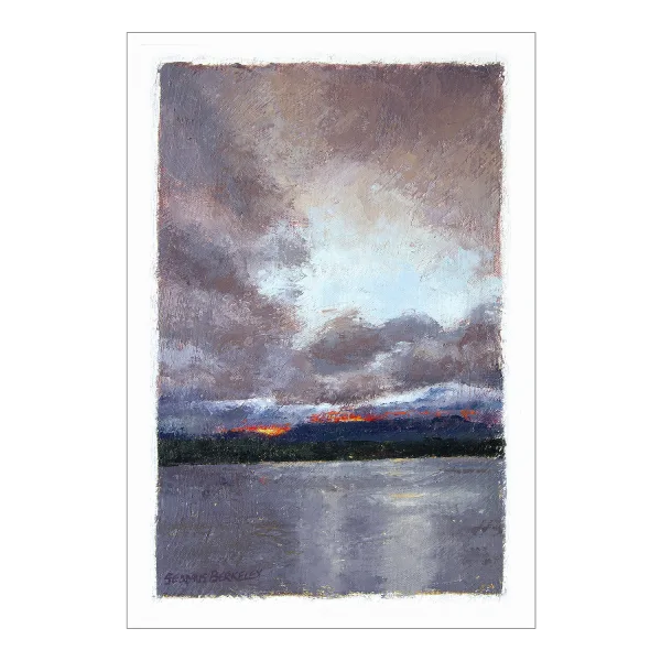 Giclée of an oil painting of last yellow, orange and red light rays of the sun peaking through a storm cloud-filled sky above distant mesas overlooking Lake Abiquiu, New Mexico.