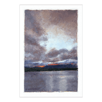 Giclée of an oil painting of last yellow, orange and red light rays of the sun peaking through a storm cloud-filled sky above distant mesas overlooking Lake Abiquiu, New Mexico.