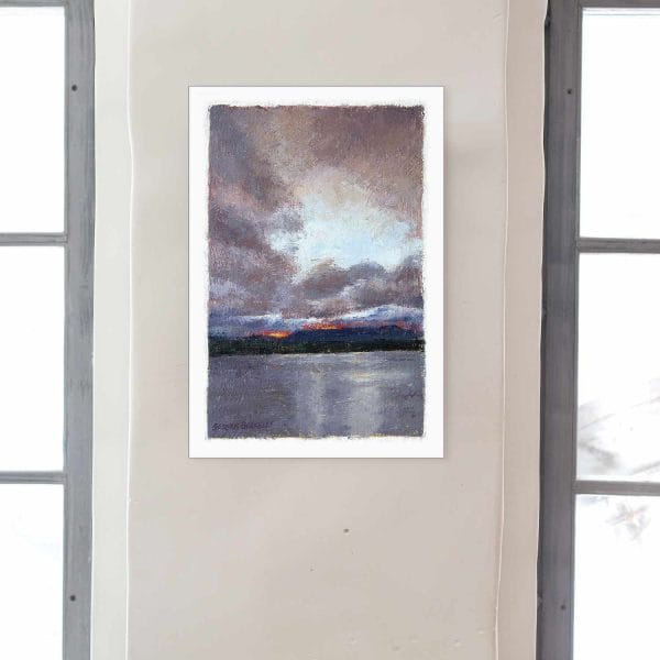 Giclée of an oil painting of last yellow, orange and red light rays of the sun peaking through a storm cloud-filled sky above distant mesas overlooking Lake Abiquiu, New Mexico.
