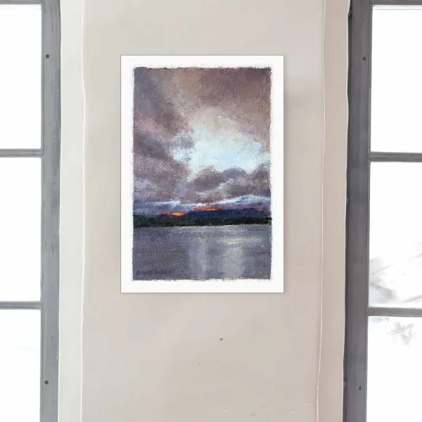 Giclée of an oil painting of last yellow, orange and red light rays of the sun peaking through a storm cloud-filled sky above distant mesas overlooking Lake Abiquiu, New Mexico.