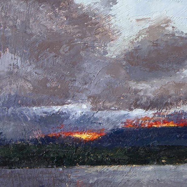 Giclée of an oil painting of last yellow, orange and red light rays of the sun peaking through a storm cloud-filled sky above distant mesas overlooking Lake Abiquiu, New Mexico.