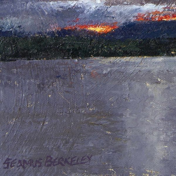 Giclée of an oil painting of last yellow, orange and red light rays of the sun peaking through a storm cloud-filled sky above distant mesas overlooking Lake Abiquiu, New Mexico.