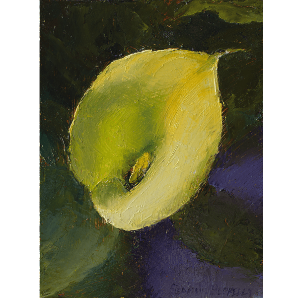 An oil painting of a yellow calla lily, placed against a warm green and dark violet background.