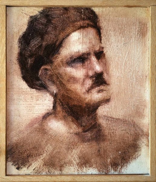 An oil painting of a local artist in monochrome who posed for a session of the weekly meetings of the Taos Society of Portrait artists.