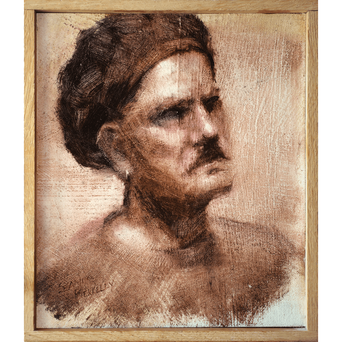 An oil painting of a local artist in monochrome who posed for a session of the weekly meetings of the Taos Society of Portrait artists.