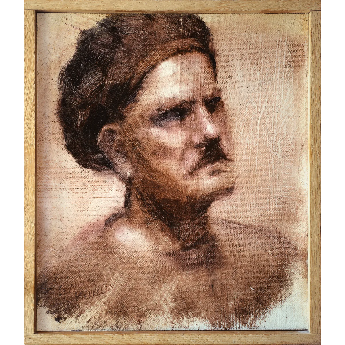 An oil painting of a local artist in monochrome who posed for a session of the weekly meetings of the Taos Society of Portrait artists.