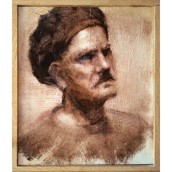 An oil painting of a local artist in monochrome who posed for a session of the weekly meetings of the Taos Society of Portrait artists.
