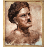 An oil painting of a local artist in monochrome who posed for a session of the weekly meetings of the Taos Society of Portrait artists.