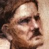 Detail of an oil painting of a local artist in monochrome who posed for a session of the weekly meetings of the Taos Society of Portrait artists.