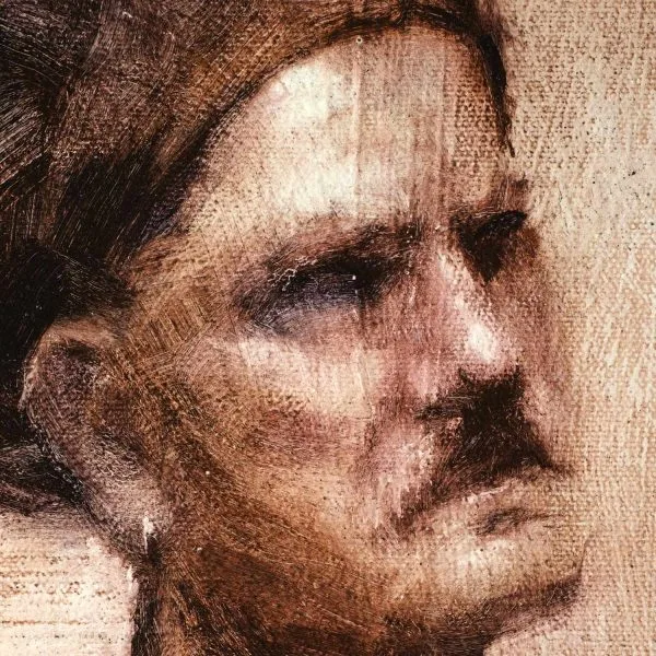 Detail of an oil painting of a local artist in monochrome who posed for a session of the weekly meetings of the Taos Society of Portrait artists.