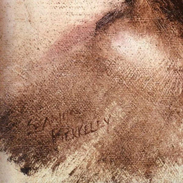 Detail of an oil painting of a local artist in monochrome who posed for a session of the weekly meetings of the Taos Society of Portrait artists.