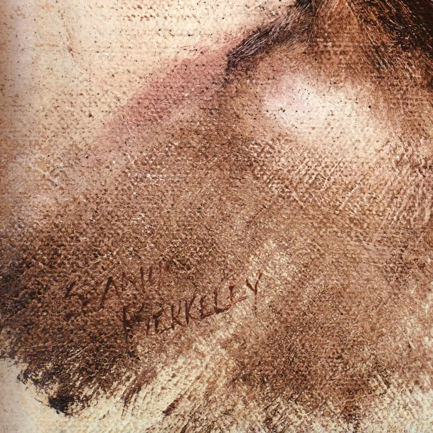 Detail of an oil painting of a local artist in monochrome who posed for a session of the weekly meetings of the Taos Society of Portrait artists.