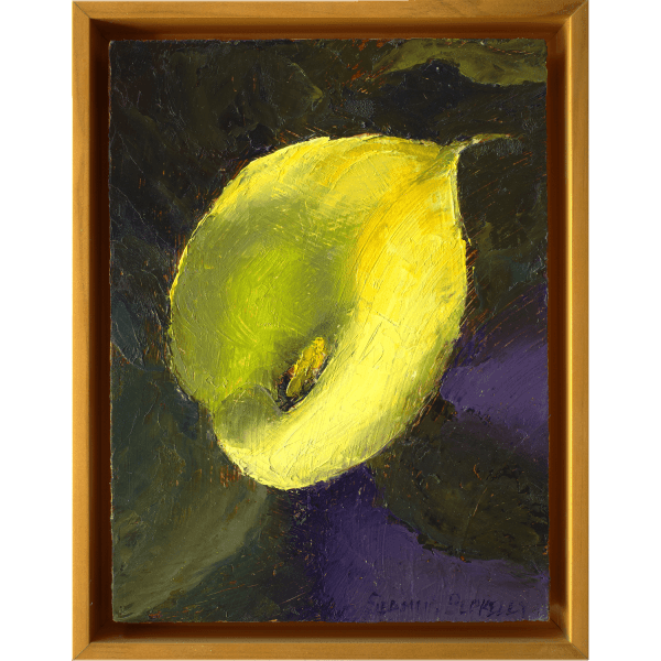 An oil painting of a yellow calla lily, placed against a warm green and dark violet background.