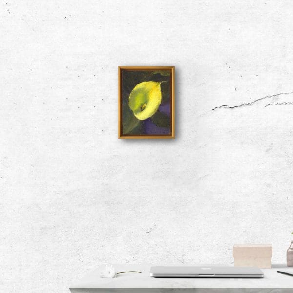 An oil painting of a yellow calla lily, placed against a warm green and dark violet background as displayed on an interior wall.