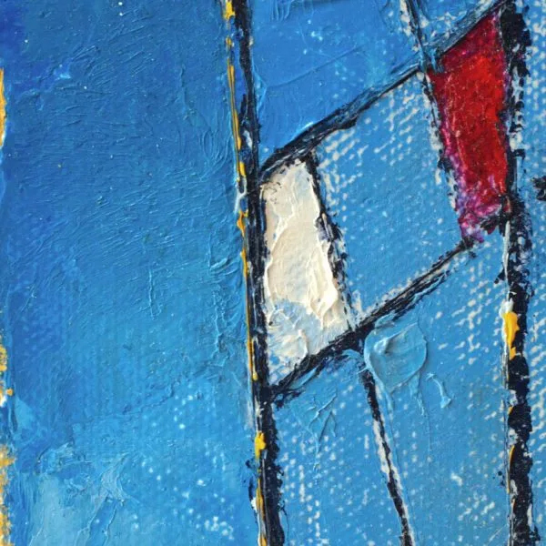 Detail of an oil painting of a stained glass window-wall inside an old cafe in Ludlow, California filtering the bright light from outside through randomly shaped colorful panes of glass.