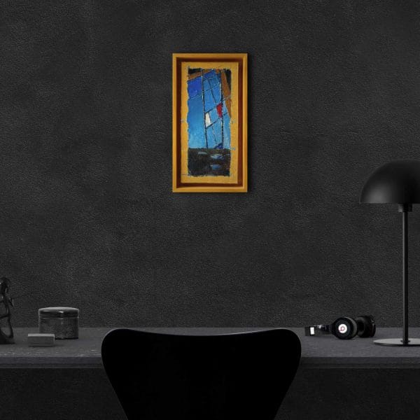 An oil painting of a stained glass window-wall inside an old cafe in Ludlow, California filtering the bright light from outside through randomly shaped colorful panes of glass as displayed on an interior wall.