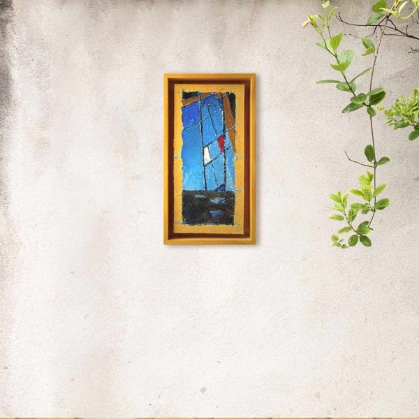 An oil painting of a stained glass window-wall inside an old cafe in Ludlow, California filtering the bright light from outside through randomly shaped colorful panes of glass as displayed on an interior wall.