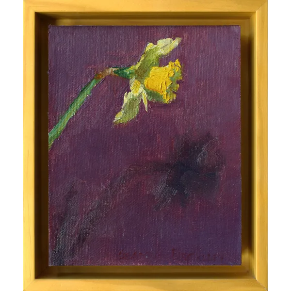 Oil painting of a bright yellow daffodil casting a shadow on a dark purple background.