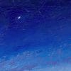 Detail of an oil painting of a little bit of everything: a bright sliver of a rising moon, the warm hues of a setting sun, the cool blues of clouds in shadows, the pinpoints of emerging stars, the deep blue of the evening sky, the violets of distant hills, and the dark greens of grass and trees as seen from a deck high on a hilltop overlooking Miraga in the far distance.
