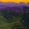 Detail of an oil painting of a little bit of everything: a bright sliver of a rising moon, the warm hues of a setting sun, the cool blues of clouds in shadows, the pinpoints of emerging stars, the deep blue of the evening sky, the violets of distant hills, and the dark greens of grass and trees as seen from a deck high on a hilltop overlooking Miraga in the far distance.