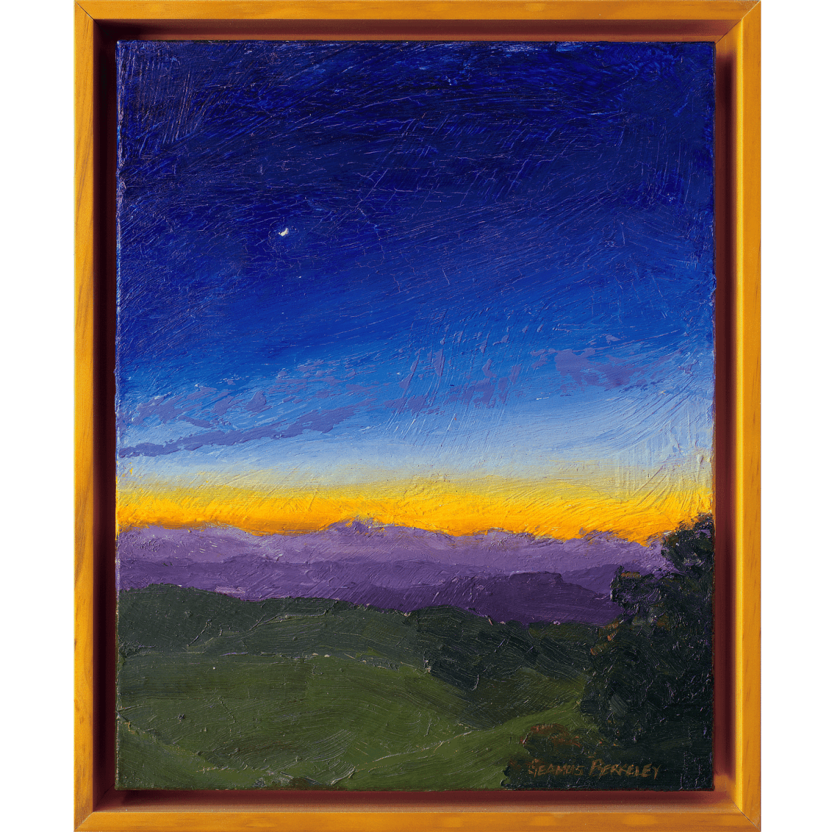 An oil painting of a little bit of everything: a bright sliver of a rising moon, the warm hues of a setting sun, the cool blues of clouds in shadows, the pinpoints of emerging stars, the deep blue of the evening sky, the violets of distant hills, and the dark greens of grass and trees as seen from a deck high on a hilltop overlooking Miraga in the far distance.