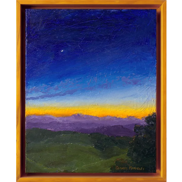 An oil painting of a little bit of everything: a bright sliver of a rising moon, the warm hues of a setting sun, the cool blues of clouds in shadows, the pinpoints of emerging stars, the deep blue of the evening sky, the violets of distant hills, and the dark greens of grass and trees as seen from a deck high on a hilltop overlooking Miraga in the far distance.