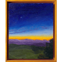 An oil painting of a little bit of everything: a bright sliver of a rising moon, the warm hues of a setting sun, the cool blues of clouds in shadows, the pinpoints of emerging stars, the deep blue of the evening sky, the violets of distant hills, and the dark greens of grass and trees as seen from a deck high on a hilltop overlooking Miraga in the far distance.