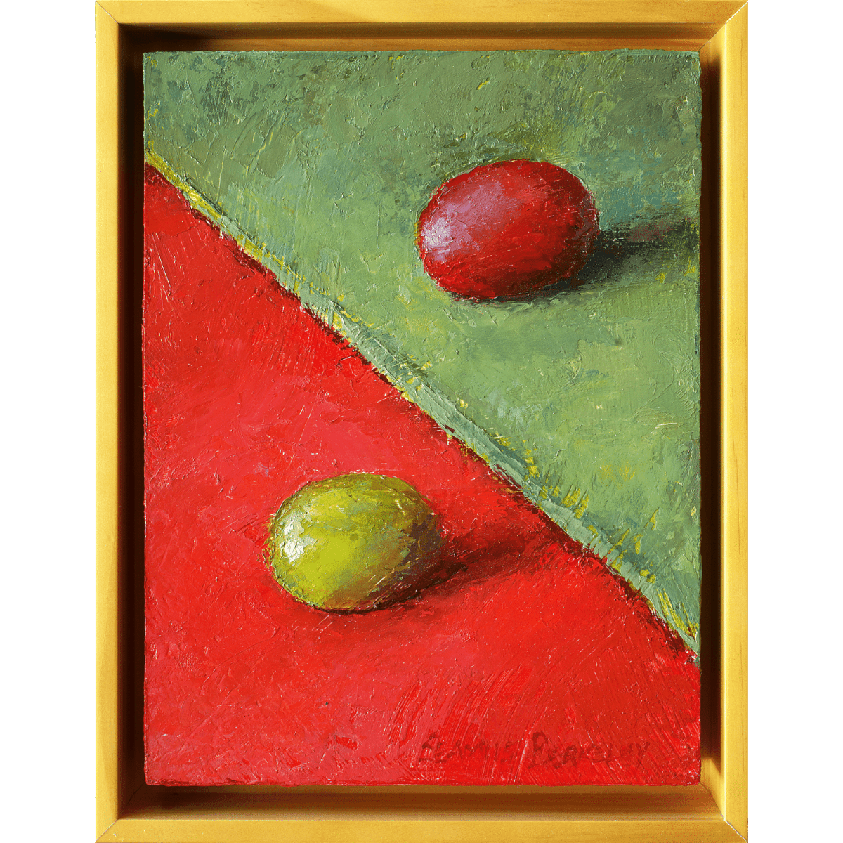 An oil painting of a green grape on red fabric juxtaposed with a red grape on a green fabric.