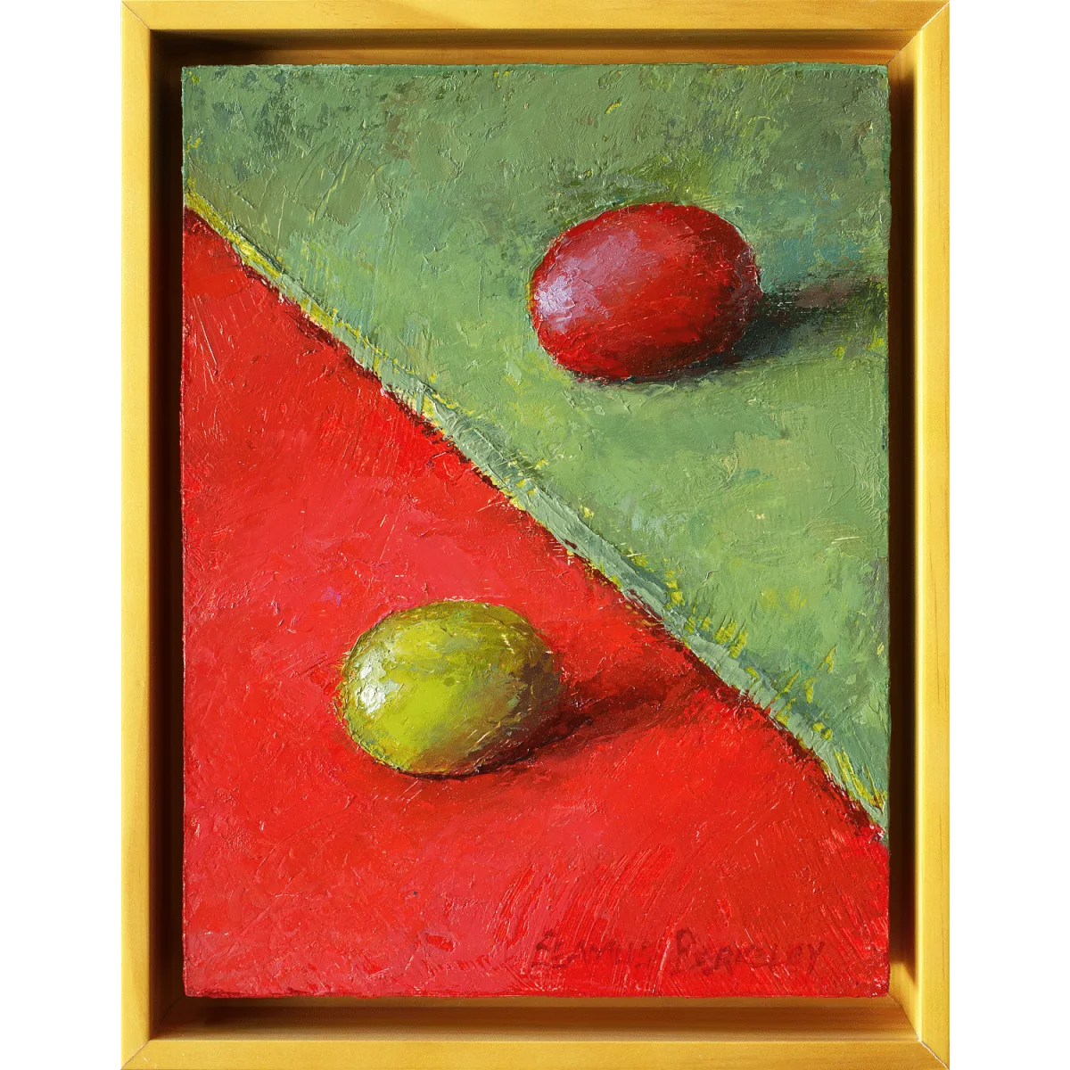 An oil painting of a green grape on red fabric juxtaposed with a red grape on a green fabric.
