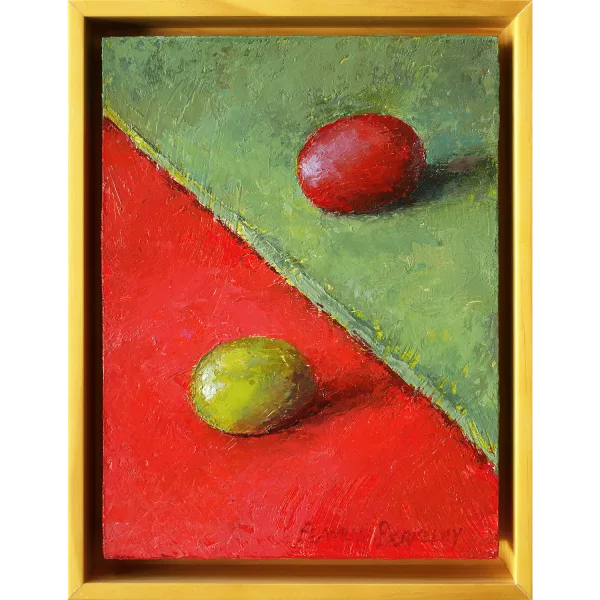 An oil painting of a green grape on red fabric juxtaposed with a red grape on a green fabric.