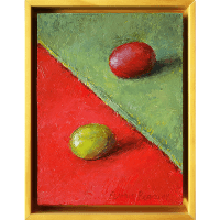 An oil painting of a green grape on red fabric juxtaposed with a red grape on a green fabric.