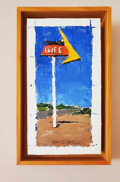 An oil painting of the Midpoint Café in Adrian, Texas located halfway between Chicago and Los Angeles on historic Route 66. This painting was a fun way to participate in a collaborative show of artists and poets who created works to celebrate the history of this famous US highway as displayed on an interior wall.