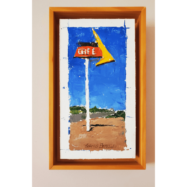 An oil painting of the Midpoint Café in Adrian, Texas located halfway between Chicago and Los Angeles on historic Route 66. This painting was a fun way to participate in a collaborative show of artists and poets who created works to celebrate the history of this famous US highway as displayed on an interior wall.
