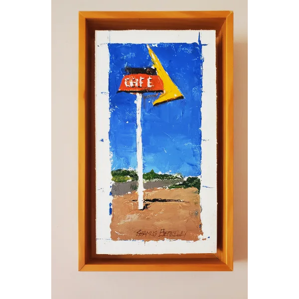 An oil painting of the Midpoint Café in Adrian, Texas located halfway between Chicago and Los Angeles on historic Route 66. This painting was a fun way to participate in a collaborative show of artists and poets who created works to celebrate the history of this famous US highway as displayed on an interior wall.