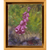 An oil painting of Foxglove, a violet colored flower, placed against a warm green background.