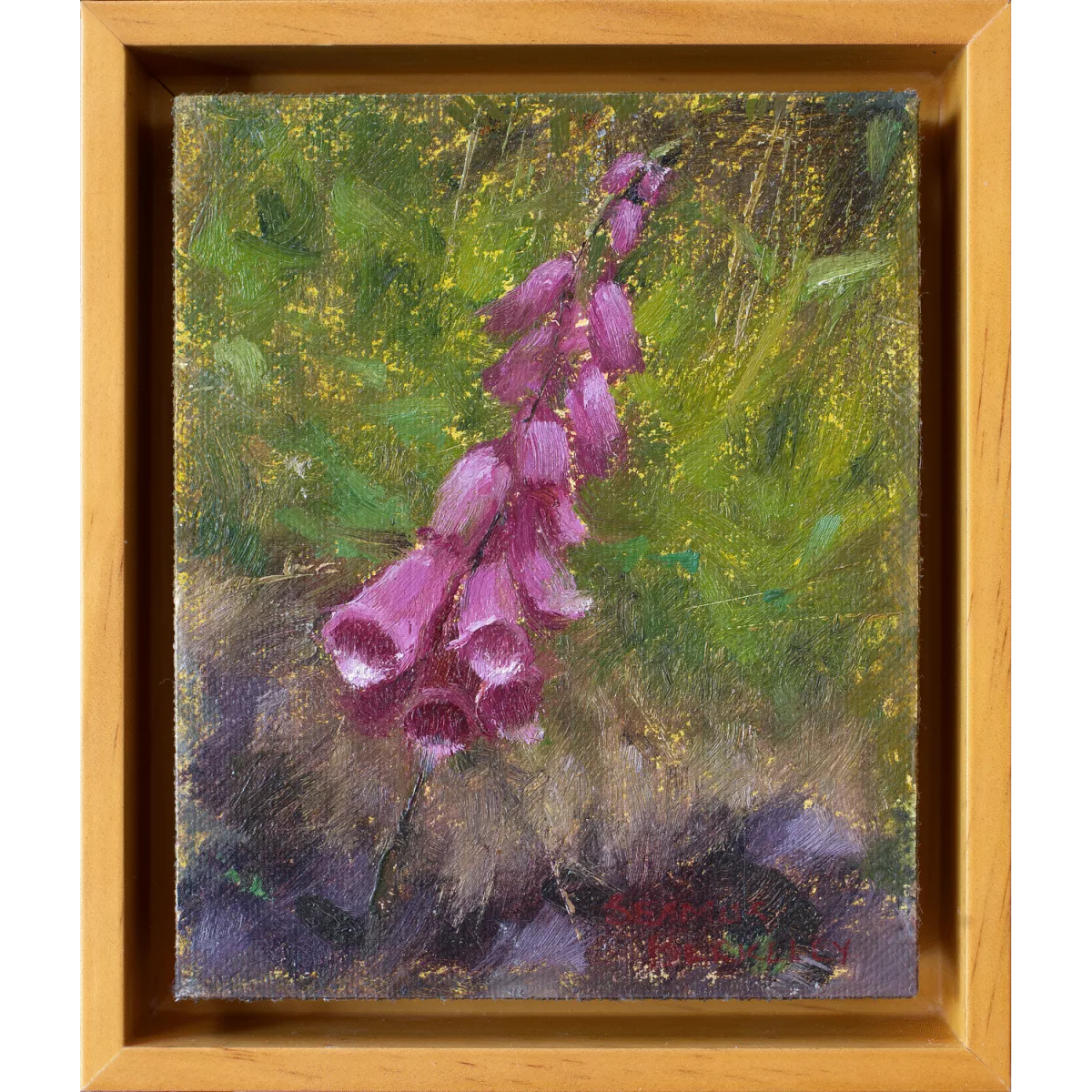 An oil painting of Foxglove, a violet colored flower, placed against a warm green background.