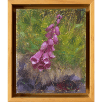 An oil painting of Foxglove, a violet colored flower, placed against a warm green background.