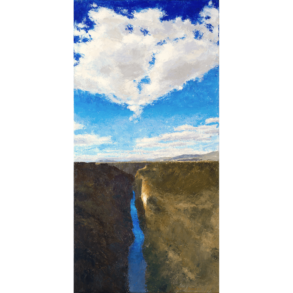 Oil painting of view of Taos, New Mexico and surrounding landscape and sky as seen from the gorge bridge.