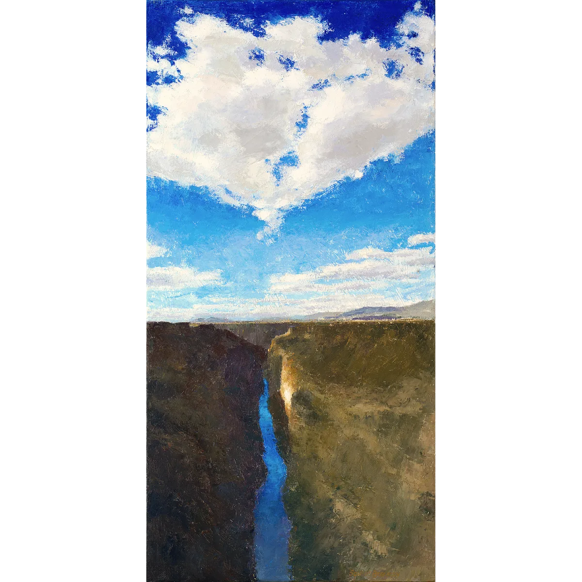 Oil painting of view of Taos, New Mexico and surrounding landscape and sky as seen from the gorge bridge.