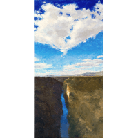 Oil painting of view of Taos, New Mexico and surrounding landscape and sky as seen from the gorge bridge.