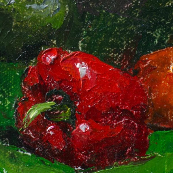 Detail of an oil painting of a red, orange and green peppers on a contrasting background of bright green and dark violet invite you to see colorful vegetables a new way.