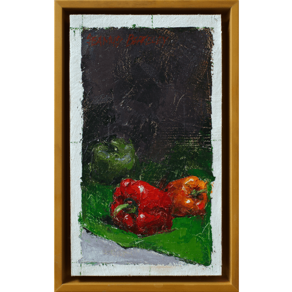 An oil painting of a red, orange and green peppers on a contrasting background of bright green and dark violet invite you to see colorful vegetables a new way.