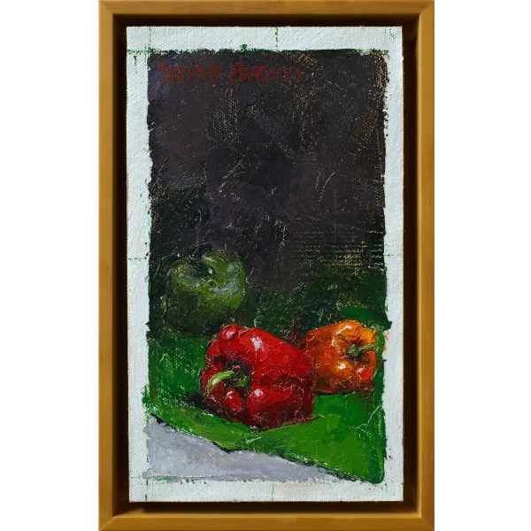 An oil painting of a red, orange and green peppers on a contrasting background of bright green and dark violet invite you to see colorful vegetables a new way.