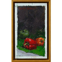 An oil painting of a red, orange and green peppers on a contrasting background of bright green and dark violet invite you to see colorful vegetables a new way.
